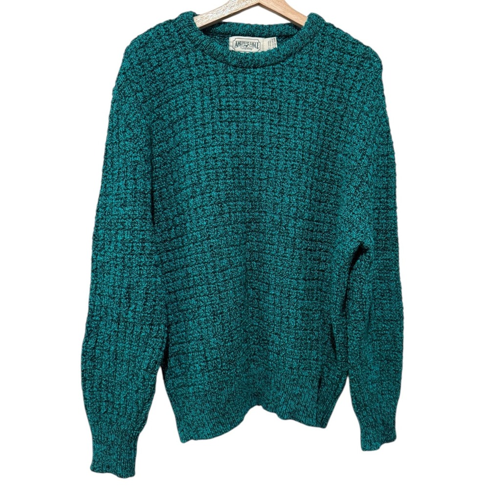 Vtg American Eagle Wool Blend Chunky Knit Sweater Women Sz L Green Pullover Y2K